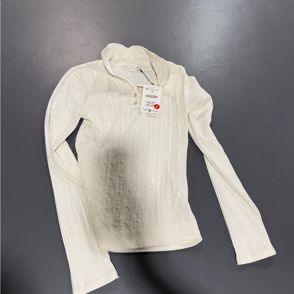 Zara Cream Ribbed Long Sleeve Polo Top